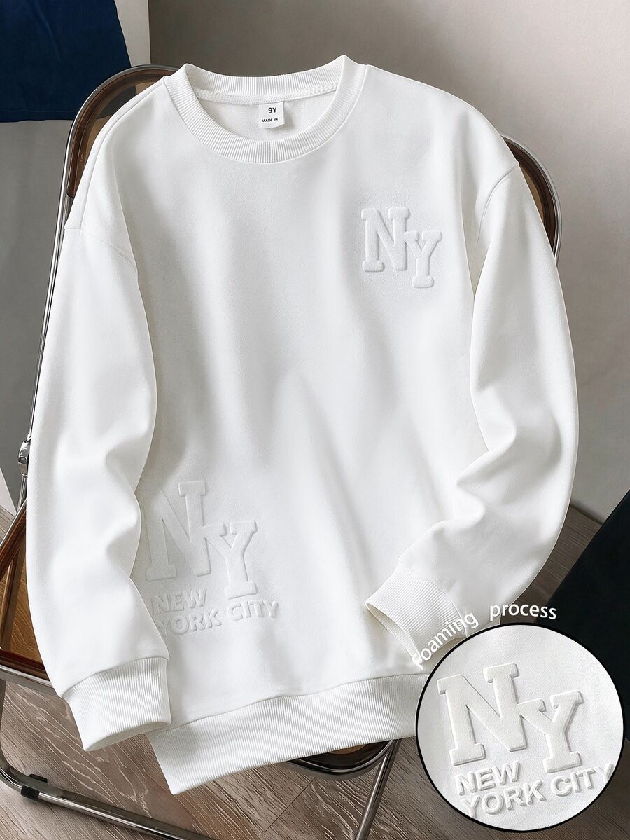 TweenBoys WinterCasual Graphic Minimalist Design Embossed Letter Solid Color Crew Neck Pullover Long Sleeve Sweatshirt Comfortable Fabric Fall School - White - View 1
