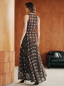 Anewsta European & American Style Polka Dot Print Elastic Mesh Dress, Deep V Neck Halter Sleeveless Ruched Bodycon Dress, Slim Fit Flattering Full Skirt Vacation Dress - Multicolor - View 2