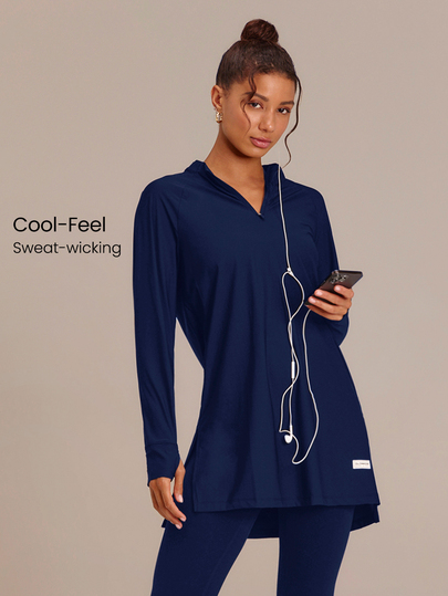 GLOWMODE Modest 1PC Cool Flow Cooling Quick-Dry Sun Protection Thumbholes Split Side Hem Quarter-Zip Oversized Pullover Sweatshirt Running Workout Gym