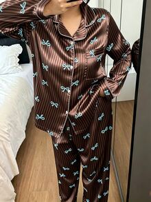 Napfluff CURVE Napfluff CURVE Bowknot Striped Faux Silk Lapel Plus Size Women's Pajama Set - Coffee Brown - View 5