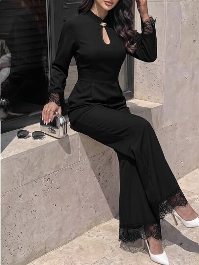 Modelyn Black Sexy Hollow Metal Buckle Decor Lace Patchwork Long Sleeve Slimming Waist Elegant Women's Jumpsuit