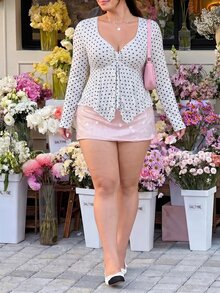 SHEIN EZwear Plus Size Women's Polka Dot Print Long Sleeve Ruffle Hem Fashion T-Shirt - Black and White - View 4
