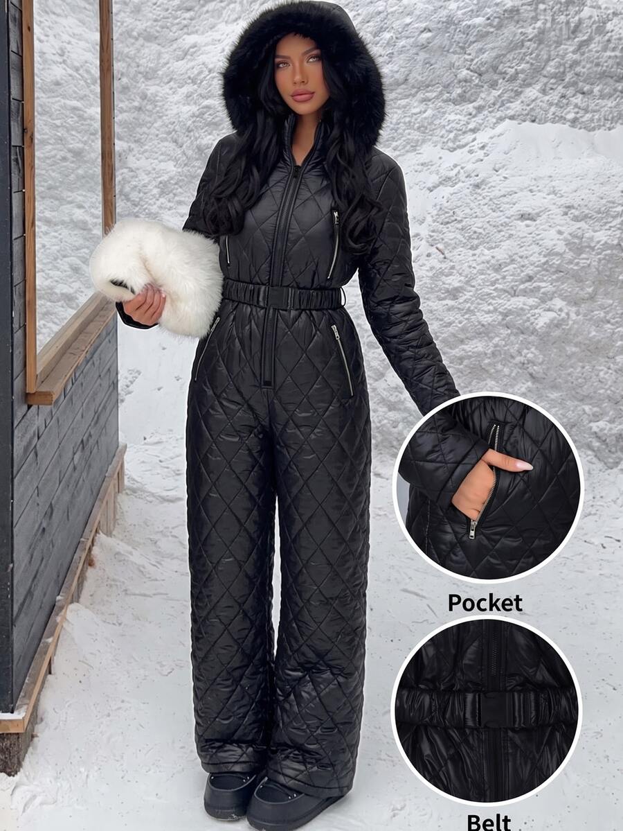 SHEIN EZwear Plus Size Women Solid Color Long Sleeve Zipper Front Hooded Casual Jumpsuit - Black - View 1