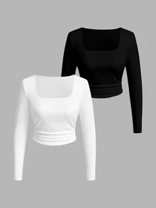 SHEIN LUNE 2-Pack Of Women's Solid Color Square Neck Long-Sleeved Ruched Casual T-Shirts - White - View 1
