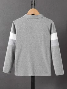 SHEIN Mirajuku 男童拼接長袖 Polo 衫，簡約時尚領口，白色 - 灰色 - 查看 3
