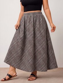 Enliva Plus Size High Waist Plaid A Line Maxi Skirt With Pockets Apple - Brown - View 4