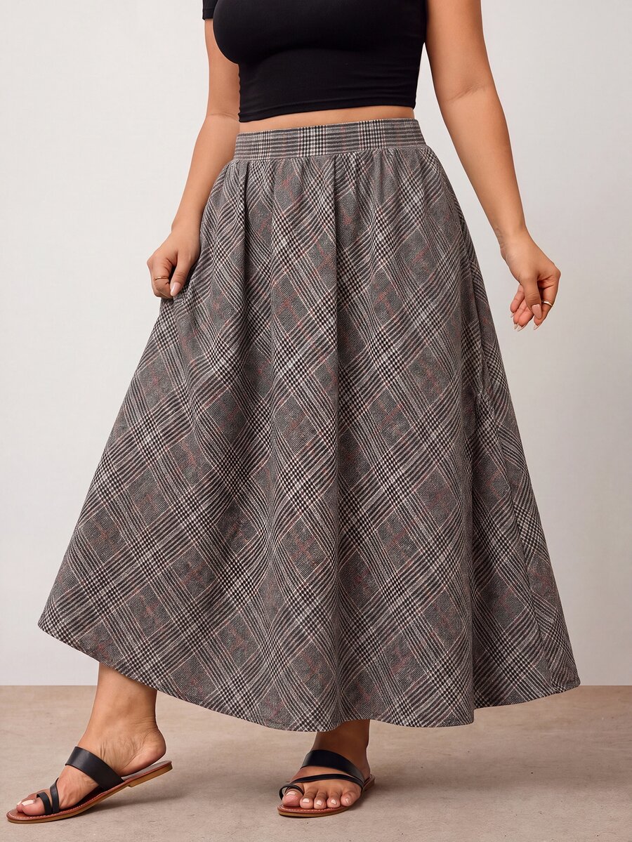 Enliva Plus Size High Waist Plaid A Line Maxi Skirt With Pockets Apple - Brown - View 1