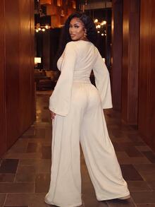 Slaydiva Beige 2 Pieces Set Plus Size Wide Leg Pants Outfit With Draped Batwing Sleeve Top And Criss-Cross Waist Design Wide Leg Long Pants Fall - Apricot - View 3