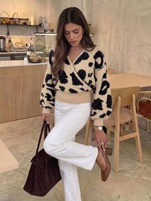 Serisse Women Leopard Print V Neck Cross Front Long Sleeve Ribbed Hem Knit Sweater Pullover,Collar Animal Print Sweater,Elegant Casual Fall Winter Top - Multicolor - View 8