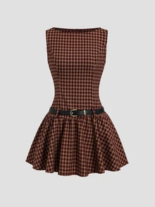 Sweetra Women's New Fashion Versatile Ruched Sleeveless Round Neck Back Zipper Dress Skirt Waist Knot Belt Plaid Mini Dress - Burgundy - View 1