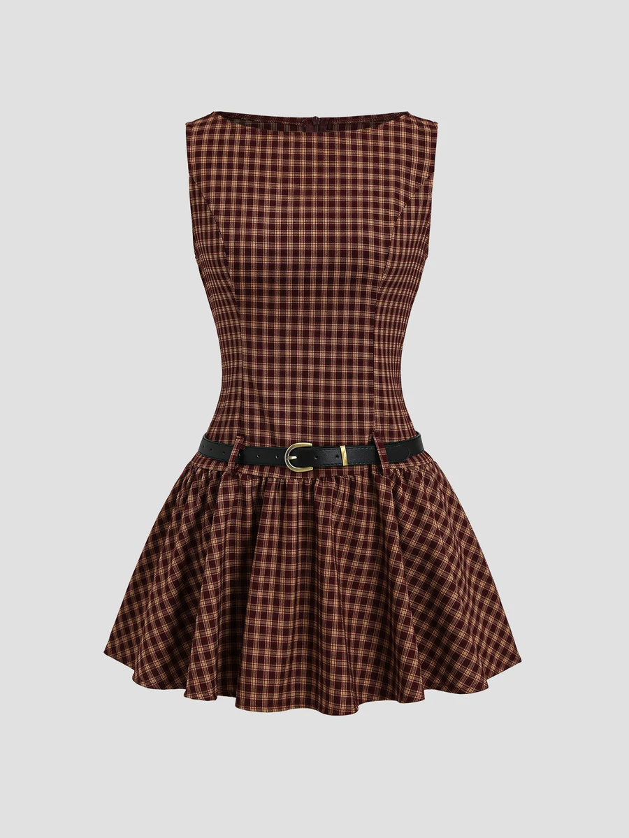 Sweetra Women's New Fashion Versatile Ruched Sleeveless Round Neck Back Zipper Dress Skirt Waist Knot Belt Plaid Mini Dress - Burgundy - View 1