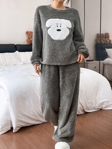 SHEIN Set Piyama Musim Dingin Wanita Lengan Panjang dan Celana Panjang Motif Anak Anjing Lucu - Grey - View 1