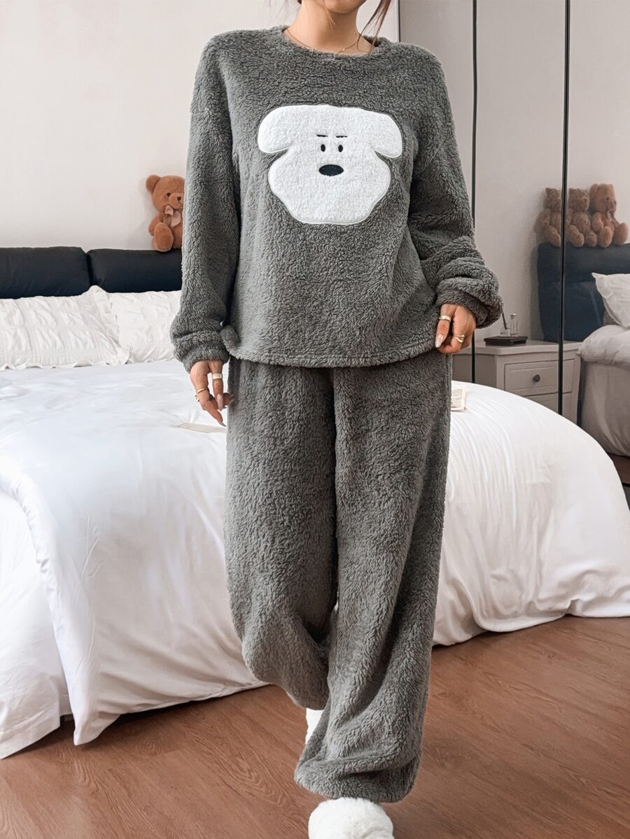 SHEIN Set Piyama Musim Dingin Wanita Lengan Panjang dan Celana Panjang Motif Anak Anjing Lucu - Grey - View 1