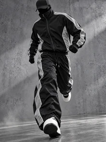 Manfinity Denimwave Men 2set Pieces Casual Tracksuit Set, Loose Color Block Zip Jacket And WideLeg Trousers, Lightweight Outfit For Outdoor Sports Street Style Daily Look - Black - View 1