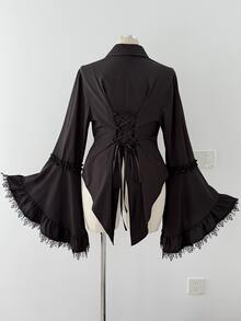 Sunspun Plus Size Dark Style Long Sleeve Asymmetrical Hem Button Shirt - Black - View 2