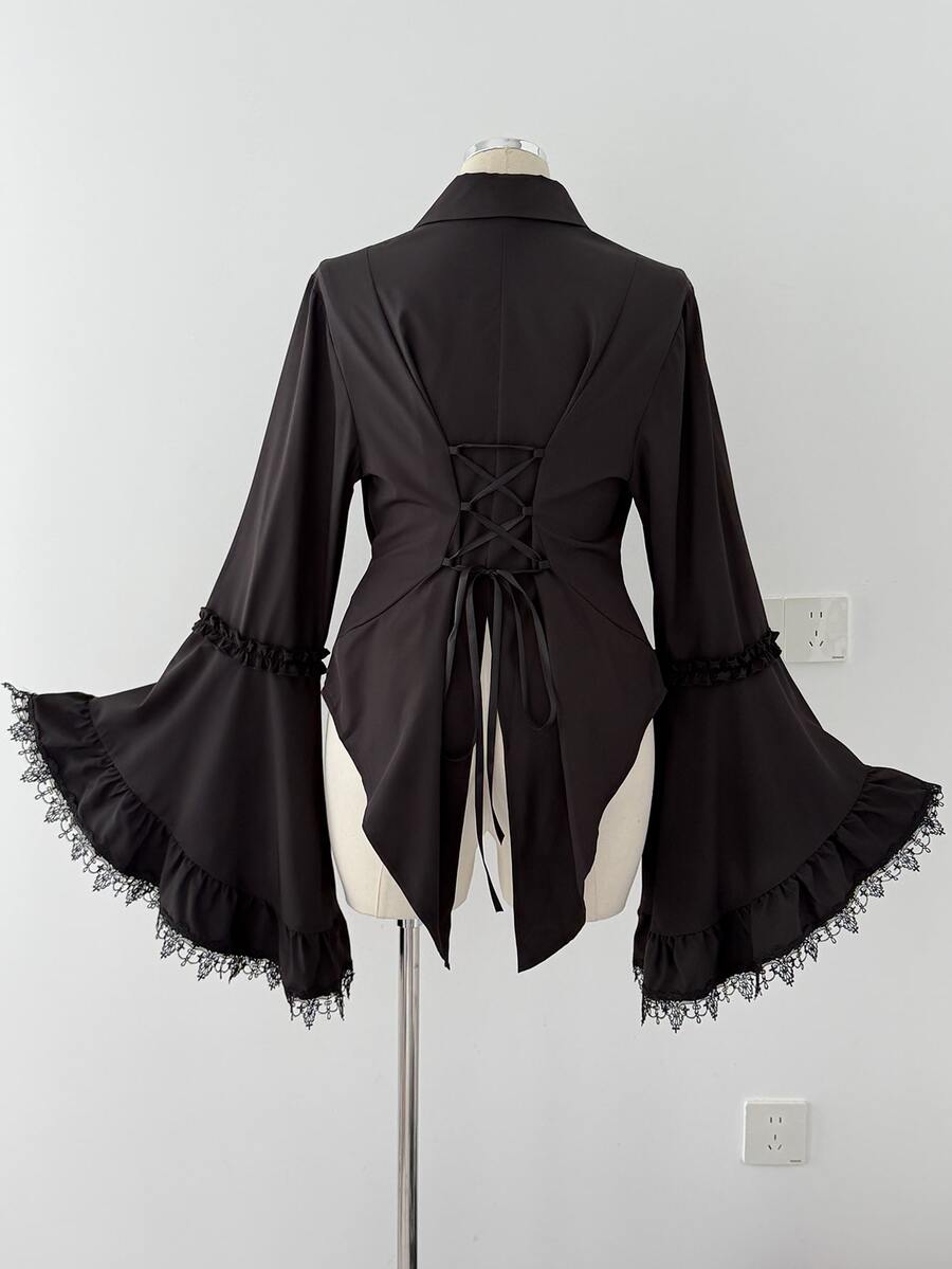 Sunspun Plus Size Dark Style Long Sleeve Asymmetrical Hem Button Shirt - Black - View 1