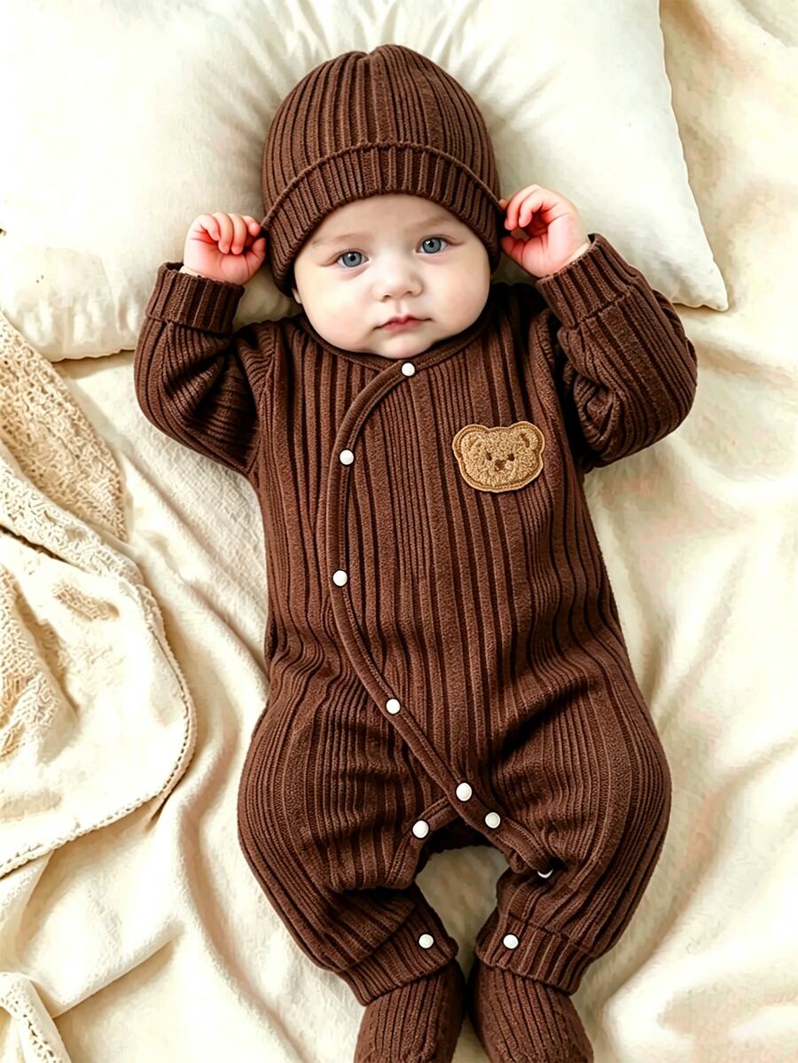 SHEIN Infant Newborn Ribbed Knit Long Sleeve Cartoon Bear Romper With Hat, Soft And Comfortable, Brown, Autumn/Winter Daily Wear - Brown - View 1