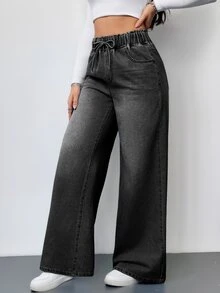 SHEIN Tall 女款抽繩腰口袋休閒日常穿著牛仔褲 - 黑色 - 查看 5