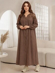 Al Najma Gaun Arab Elegan Lengan Panjang Kancing Tunggal dengan Renda Kontras untuk Wanita Ukuran Plus - Coffee Brown - View 8