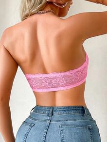 SHEIN 1pc Wedding Lace Wireless Front Closure Bra, Bandeau Style - Pink - View 2