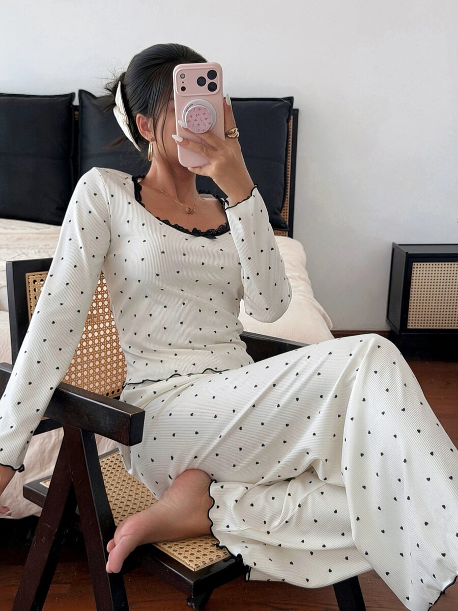 Napfluff Women's 2-Piece Pajama Set With Lace Trim, Bow Decor, Simple Heart Print - Beige - View 1