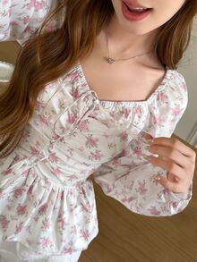 K-Vae Allover Ditsy Floral Ruched Bust Peplum Tee - Multicolor - View 5