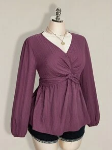 SHEIN ICON 女款大尺碼黑色扭轉胸前紋理燈籠袖上衣 - 紫色 - 查看 8