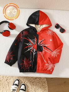SHEIN Young Boy Casual Street Style Spider Web Spider Print Hooded Open Front Long Sleeve Jacket, Red And Black, Suitable For Commuting, School, Outings, Sports, Spring, Summer, Autumn, Winter, Halloween - Multicolor - View 4