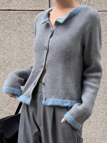 FRIFUL Women's Autumn Contrast Color Slimming Cardigan - Grey - View 4