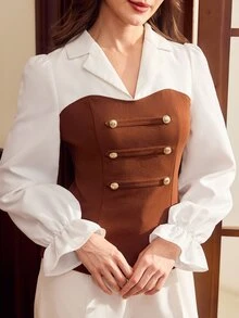 Vintamour Women's Lapel Contrast Color Patchwork Napoleon Style Double-Breasted Waist-Cinched Slimming Long Sleeve Top - Brown - View 7