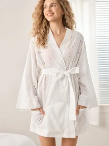 Ocili Solid Color Hollow Embroidery Comfortable Tie Long Sleeve Women's Loungewear Robe Jacket - White - View 5