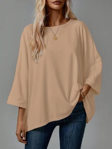 SHEIN LUNE 2026年秋季女款黑色黃色上衣 2件組 素色圓領蝙蝠袖寬鬆休閒T恤 外出穿搭 秋冬款 - 彩色 - 查看 2