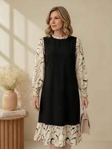EMERY ROSE Women's Round Neck Patchwork Contrast Color Design Elegant Dress - Black - View 5