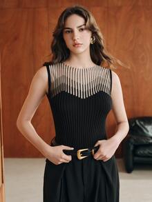 Anewsta French Spring/Summer Elegant Sophisticated Sexy Hollow Mesh Fitted Knit Sleeveless Tank Top T-Shirt - Black - View 4