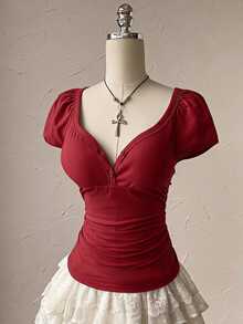 Attitoon Women's Solid Color Pleated Short Sleeve Button Waist Cinched Casual T-Shirt - Red - View 7