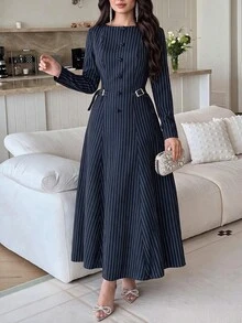 Feyla Gaun Wanita Lengan Panjang Leher Bulat dengan Kancing dan Sabuk Pinggang Motif Garis-garis - Navy Blue - View 1