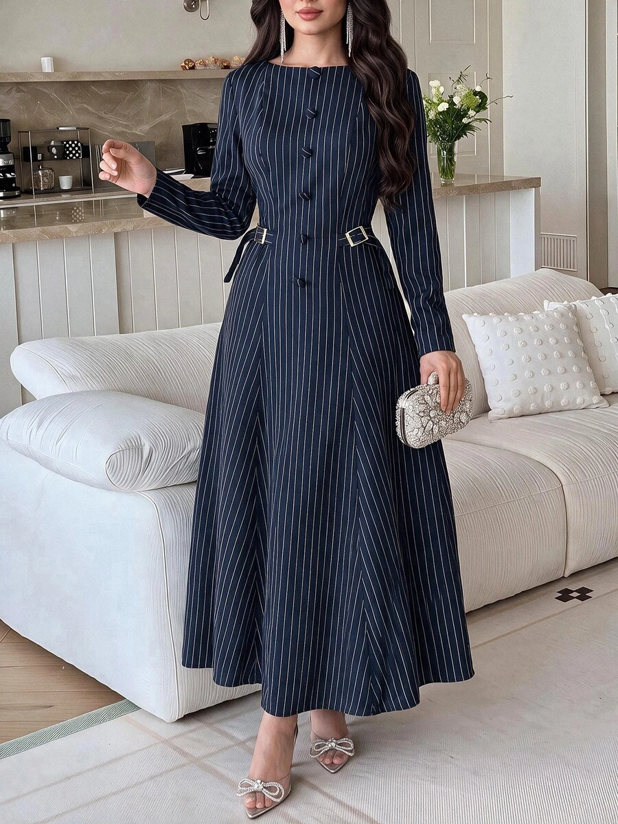 Feyla Gaun Wanita Lengan Panjang Leher Bulat dengan Kancing dan Sabuk Pinggang Motif Garis-garis - Navy Blue - View 1
