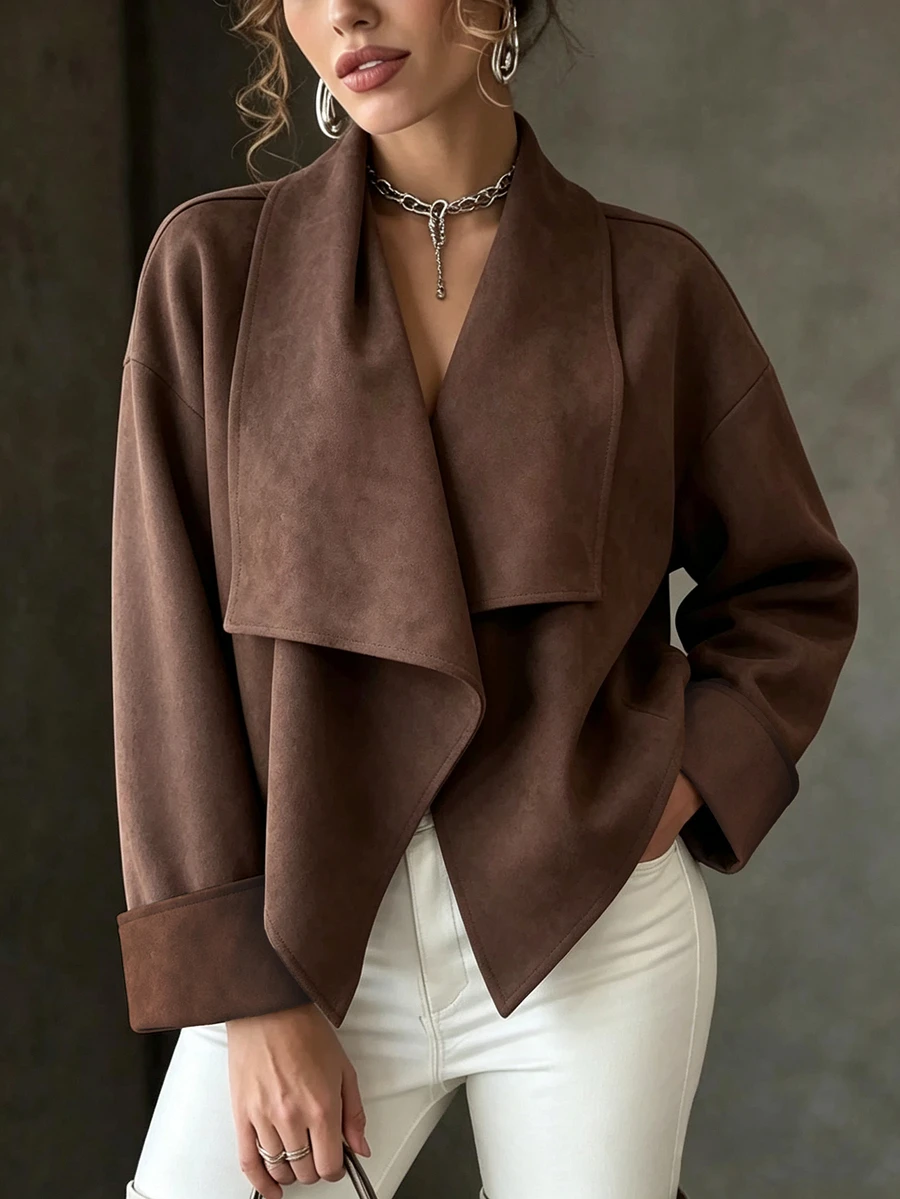 Airaco Plus Size Women's Casual Large Collar Design Brown Autumn/Winter Suede Long Sleeve Jacket - Brown - View 1