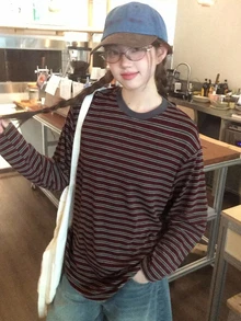 DAZY Teen Girl Korean Style Striped Color Block Long Sleeve T-Shirt - Brown - View 7