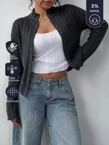 SHEIN BASICS كارديجان نسائي بلون موحد بأكمام طويلة وأزرار مفردة من الصوف المحبوك - رمادي - مشاهدة 3