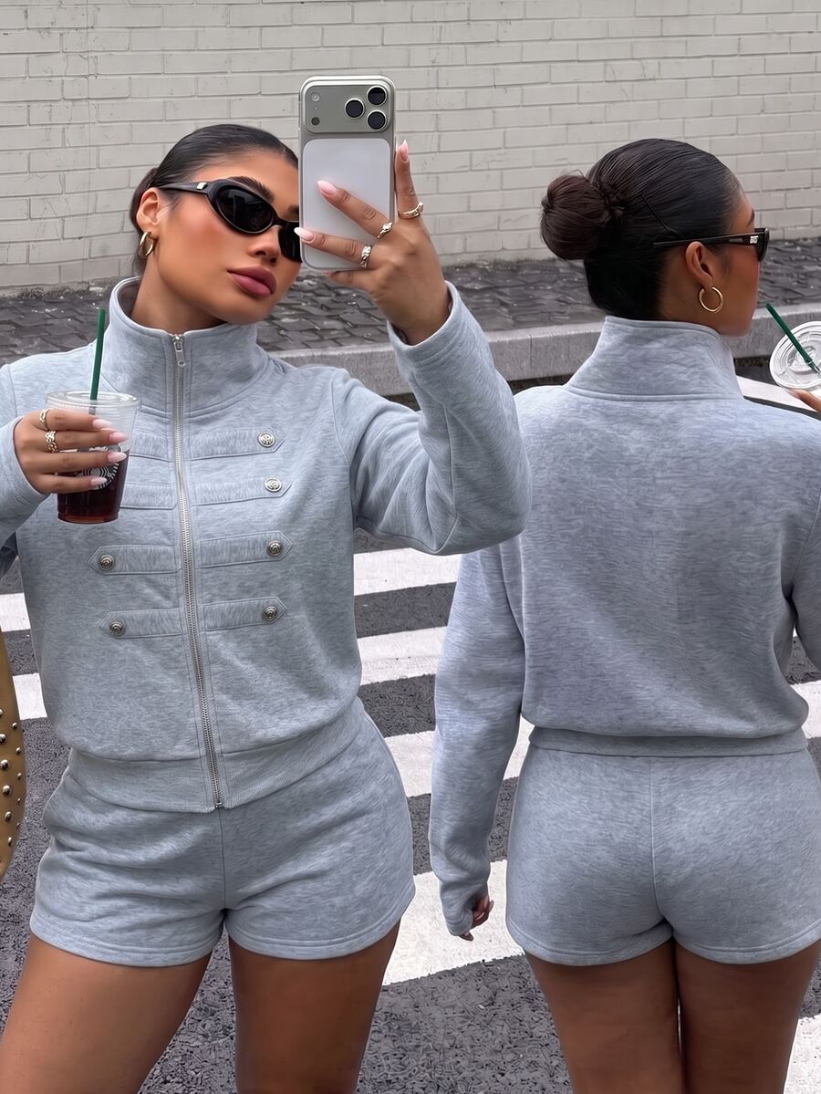 Muchica Plus Size Double-Breasted High Neck Long Sleeve Jacket And Shorts 2 Pieces Set - Grey - View 1