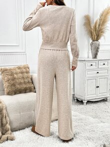 SHEIN Clasi Set Atasan Model Terbuka Depan dengan Pinggang Ramping dan Celana Panjang Lebar, Lembut dan Nyaman - Aprikot - View 2