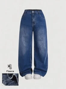 SHEIN CURVE+ 大尺碼女款寬腿寬鬆休閒牛仔褲，附口袋 - 深色水洗藍 - 查看 2