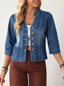 EMERY ROSE Women's 3/4 Sleeve Single-Breasted Casual Denim Jacket - Blue - View 6