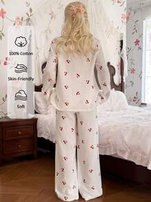 CottageSlumber Women's 100% Cotton Embroidered Cherry Print Open Front White Pajama Set - White - View 2