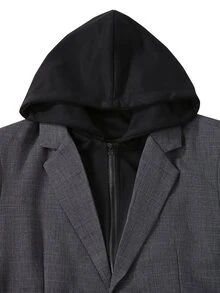 Manfinity Mode Men's Old Money Grey And Black Colorblock Hooded 2 In 1 Suit Jacket, Casual Textured Two-Button Loose Fit Versatile Commuter Blazer, - Dark Grey - View 5
