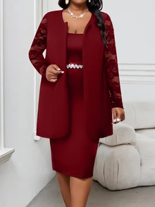 SHEIN Lady 春夏休閒優雅波西米亞風 V 領黑白長版印花襯衫大尺碼直筒寬腿褲兩件套秋季 - 酒紅色 - 查看 5
