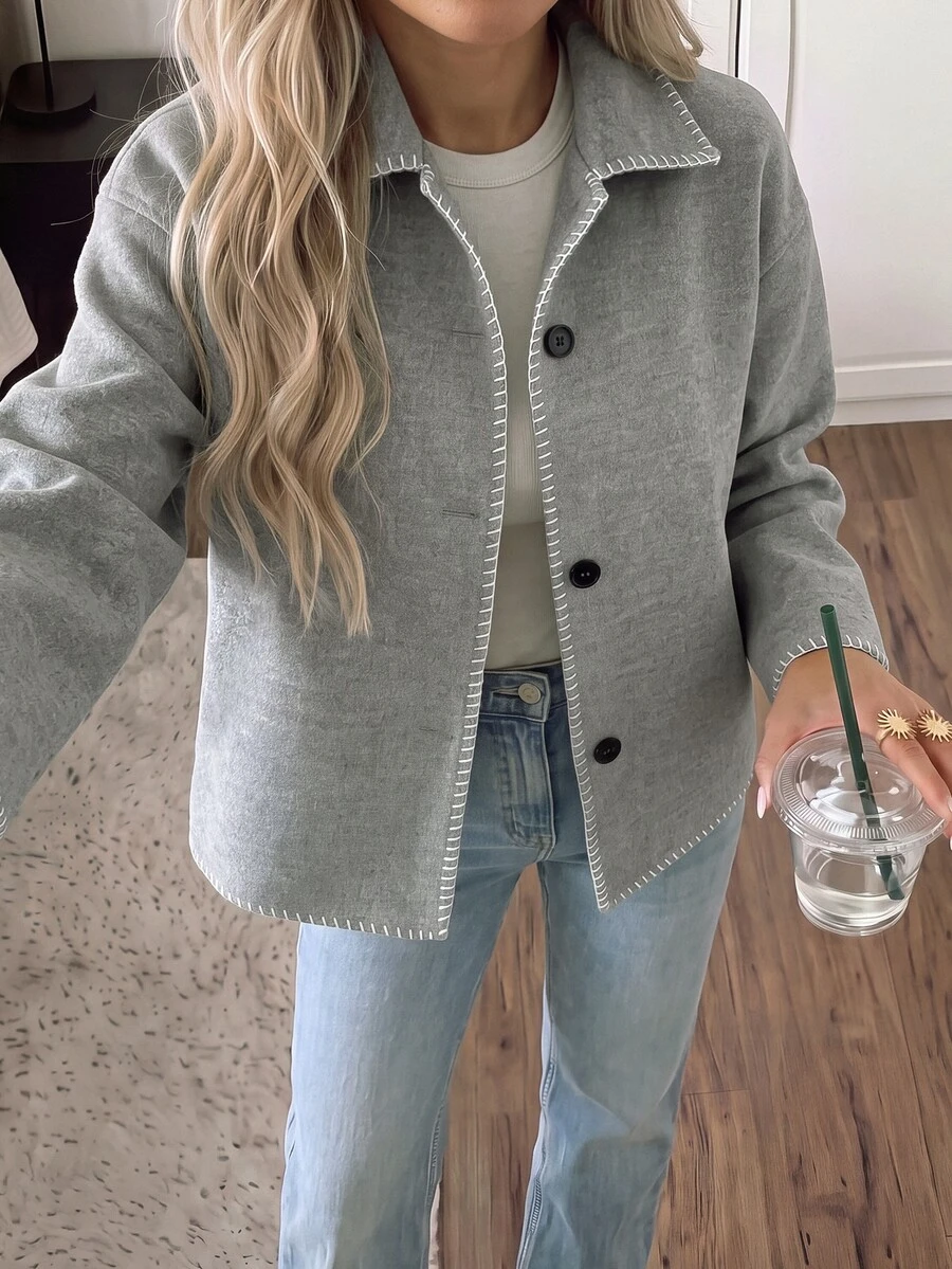 Easowa Women's Lapel Single-Breasted Autumn/Winter Fashion Casual Jacket - Grey - View 1