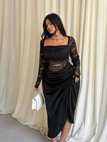 GalTyme Plus Size Women's Contrast Lace Long Sleeve Square Neck Pleated Asymmetric Design Dress - Black - View 4