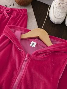 SHEIN 女童天鵝絨連帽長袖外套與長褲套裝，適合秋冬穿著，時尚百搭，舒適好穿 - 玫紅色 - 查看 6